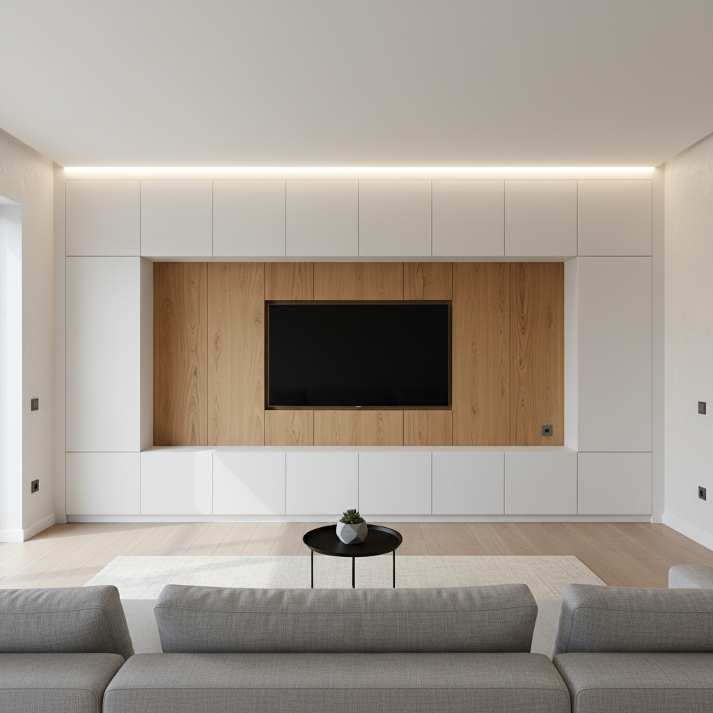 A meticulously renovated modern living room interior, featuring a custom-built TV wall with matte white cabinetry and warm oak wood panels, perfectly aligned joints and hidden handles emphasizing craftsmanship. A low, modular grey fabric sofa with crisp lines faces a slim, wall-mounted TV, while a built-in LED strip casts a soft glow along the ceiling cove. The space is framed by smooth, freshly painted walls and flawless laminate flooring. Natural daylight enters from an unseen window, creating gentle reflections on the satin-finish surfaces. Photographic realism, shot at eye level with a wide-angle lens, sharp focus throughout, conveying a professional, trustworthy interior renovation service with a calm, aspirational atmosphere.