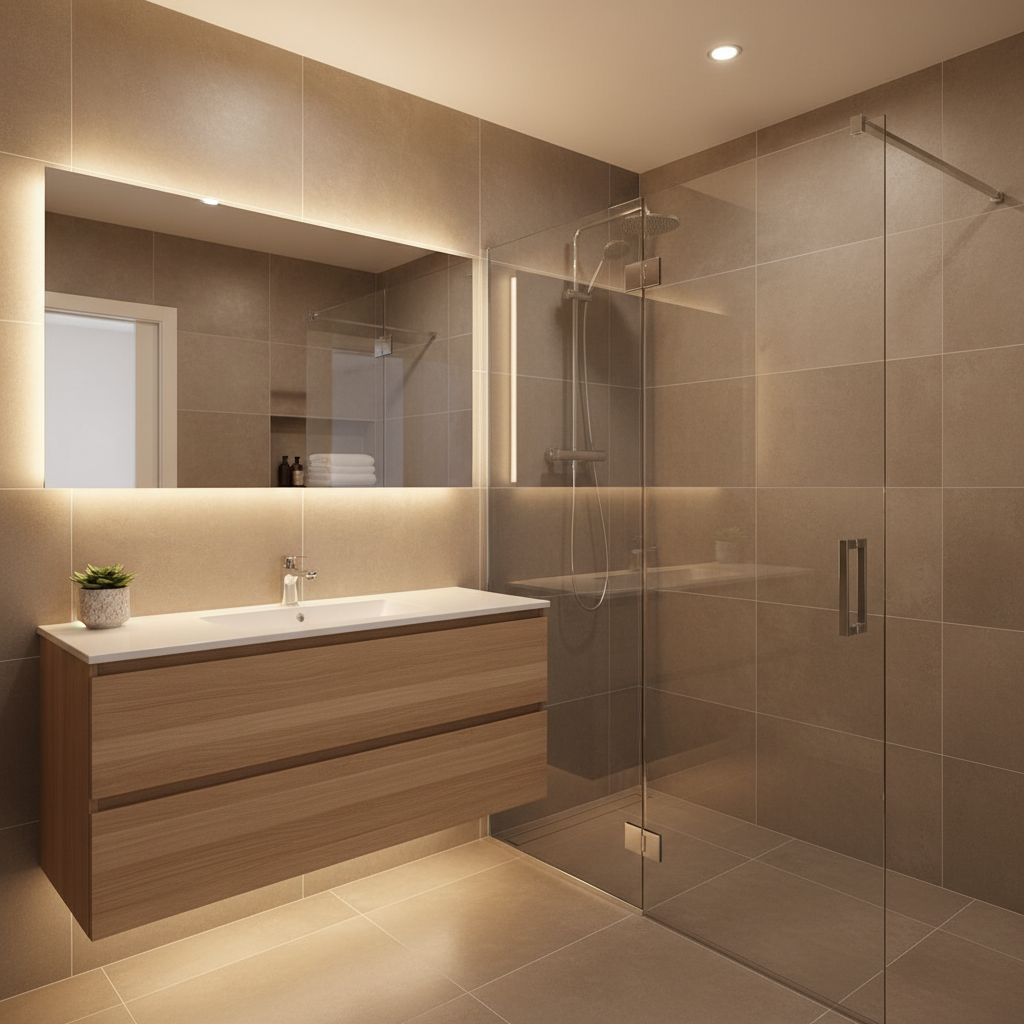 A stylish, professionally renovated bathroom interior with a walk-in shower enclosed by frameless clear glass panels, perfectly aligned chrome hinges and profiles highlighting expert installation. Large, matte stone-look porcelain tiles cover the walls and floor seamlessly, with narrow grout lines. A floating vanity with a light oak drawer front and integrated white solid-surface basin is underlit by a subtle LED strip, reflecting softly on the glossy wall mirror. Warm white recessed spotlights create a spa-like ambiance, with steam-free clarity suggesting efficient ventilation. Photographic realism, captured at an eye-level, slightly diagonal angle, showcasing flawless details and craftsmanship, conveying a sense of cleanliness, reliability, and high-end interior refurbishment suitable for promotional use by a professional renovation company.