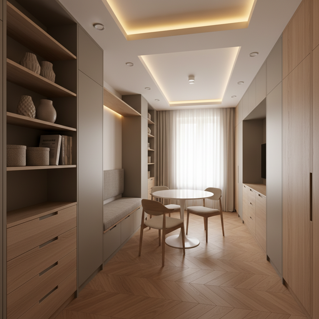 A cozy yet contemporary interior renovation of a compact apartment living and dining area, with multi-functional built-in storage units in matte taupe and light wood finishes hugging the walls. A custom-made bench with hidden storage sits beneath a perfectly fitted, full-height shelving niche, displaying neutral-toned decorative objects. The ceiling features a crisply executed gypsum board design with recessed LED strip and spotlights, casting warm, inviting light that emphasizes the smoothness of newly finished surfaces. A small round dining table with a flawless laminate top stands on elegant, warm-toned laminate flooring laid in a herringbone pattern. Photographic realism, shot with a wide-angle lens from the room’s entry, balanced composition, illustrating how professional interior renovation maximizes space and function with a calm, inviting atmosphere.