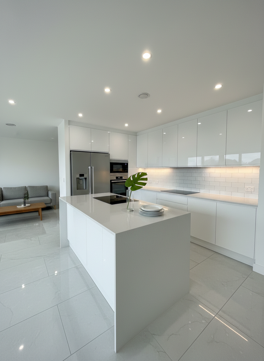 A bright, newly remodeled open-plan kitchen interior, showcasing pristine white lacquer cabinets with integrated handles, a seamless light grey quartz countertop, and a matching waterfall island with impeccable joinery. Under-cabinet LED lighting washes down a textured subway tile backsplash, while recessed ceiling lights add even illumination. Stainless steel built-in appliances sit perfectly flush with the cabinetry, highlighting precision workmanship. The floor features large-format porcelain tiles with subtle veining, laid in perfect alignment. Photographic realism, captured from a slightly elevated corner angle to reveal the full layout, with clean lines and minimal decor, evoking a modern, hygienic, and highly professional design-and-renovation service that feels both luxurious and attainable.