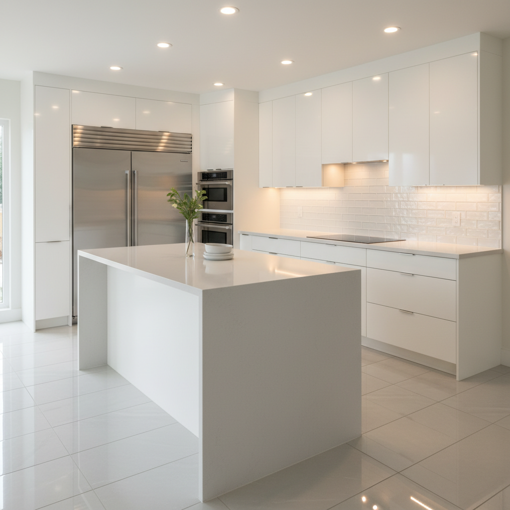A bright, newly remodeled open-plan kitchen interior, showcasing pristine white lacquer cabinets with integrated handles, a seamless light grey quartz countertop, and a matching waterfall island with impeccable joinery. Under-cabinet LED lighting washes down a textured subway tile backsplash, while recessed ceiling lights add even illumination. Stainless steel built-in appliances sit perfectly flush with the cabinetry, highlighting precision workmanship. The floor features large-format porcelain tiles with subtle veining, laid in perfect alignment. Photographic realism, captured from a slightly elevated corner angle to reveal the full layout, with clean lines and minimal decor, evoking a modern, hygienic, and highly professional design-and-renovation service that feels both luxurious and attainable.