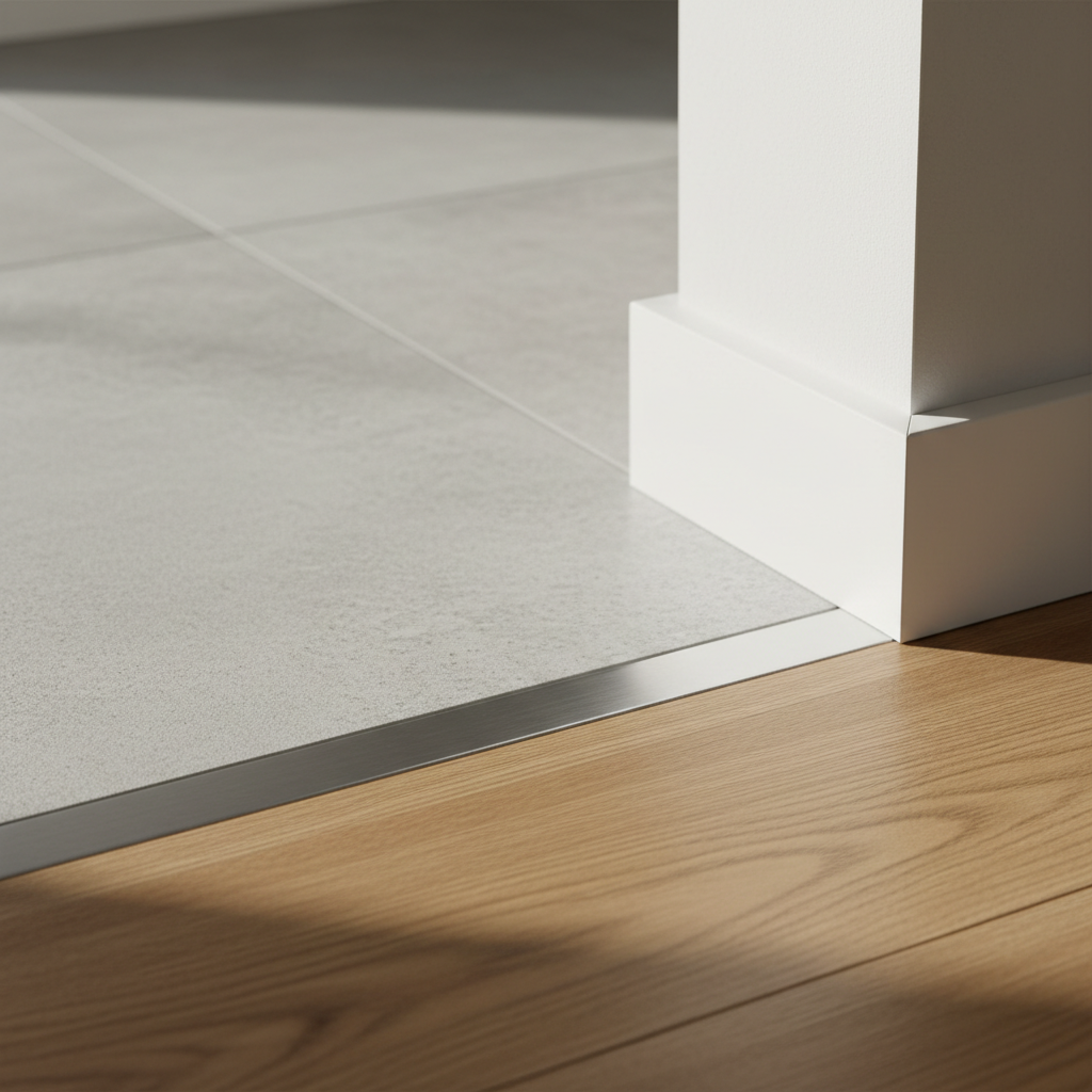 A detailed close-up of expert interior finishing work in a renovated home: a perfectly aligned junction where laminate flooring meets large-format ceramic tiles, separated by a slim, precisely installed metal transition profile flush with both surfaces. The matte oak-textured laminate planks show subtle grain, while the light grey tiles have a soft, stone-like pattern. Nearby, a sharp, cleanly executed gypsum board wall corner with crisp paint lines meets a pure white skirting board, demonstrating craftsmanship. Soft diffused daylight from an unseen window highlights the textures and creates gentle shadows that emphasize the precision. Photographic realism, macro-style composition with shallow depth of field, focusing on the joinery details to communicate quality workmanship and professional interior renovation expertise.